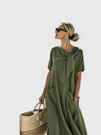 Women's Summer Maxi Dress with Tie Neckline and Pockets