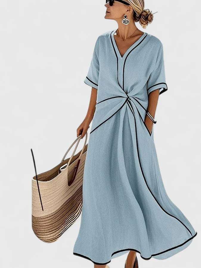 Women's Summer Maxi Dress with Twist Front and V-Neck