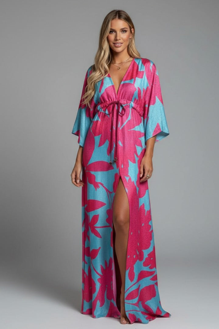 Women's Summer Maxi Dress with V-Neck and Drawstring Waist