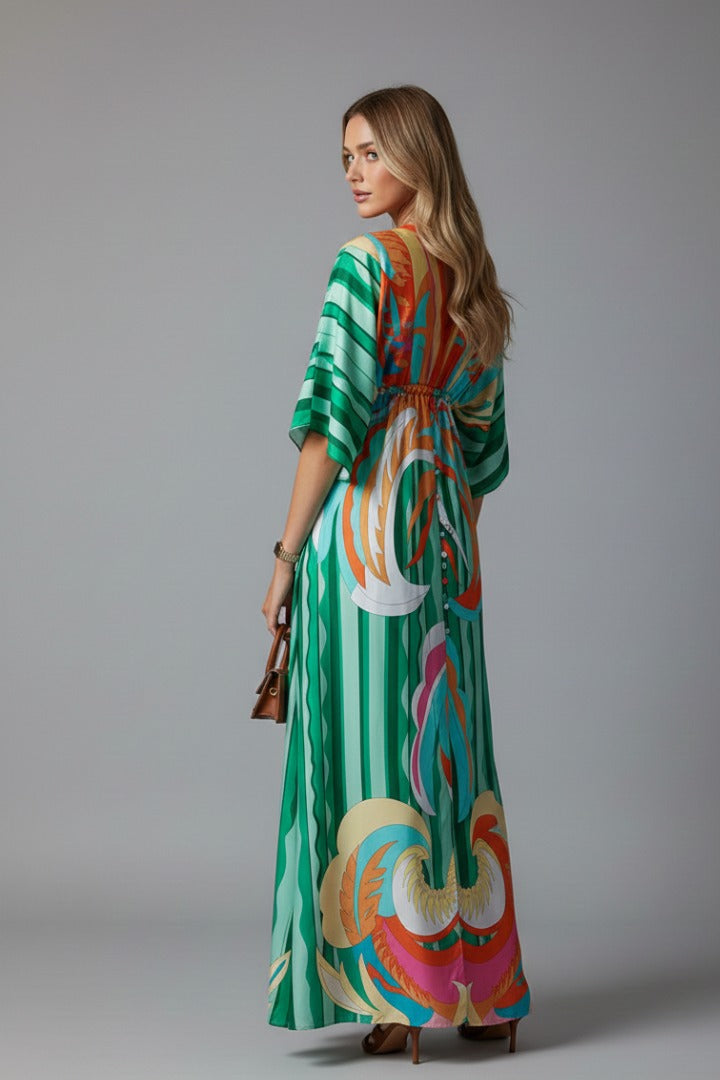 Women's Summer Maxi Dress with V-Neck and Drawstring Waist