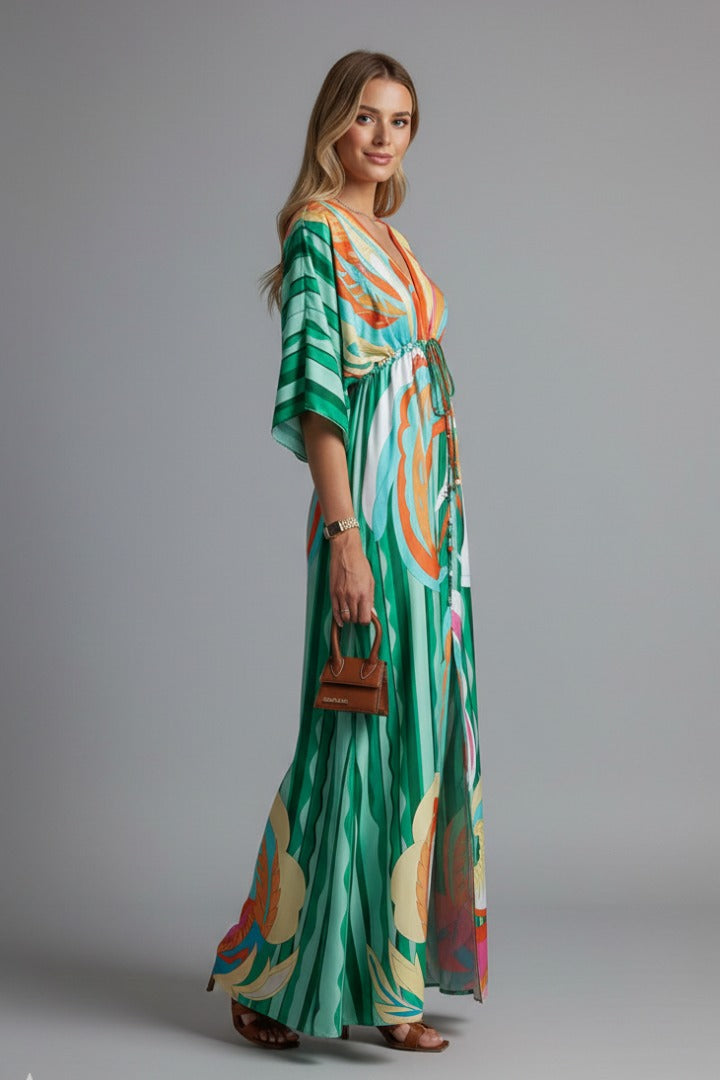Women's Summer Maxi Dress with V-Neck and Drawstring Waist