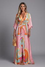 Women's Summer Maxi Dress with V-Neck and Drawstring Waist