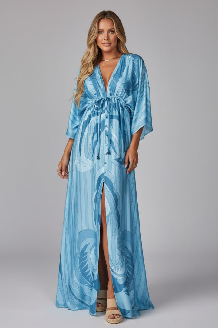 Women's Summer Maxi Dress with V-Neck and Drawstring Waist