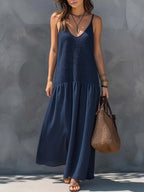 Women's Summer Maxi Dress with V-Neck and Open Back