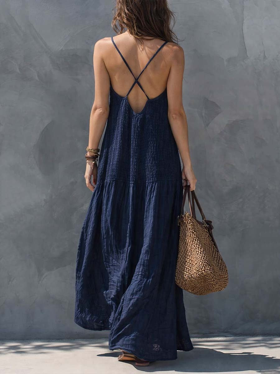 Women's Summer Maxi Dress with V-Neck and Open Back