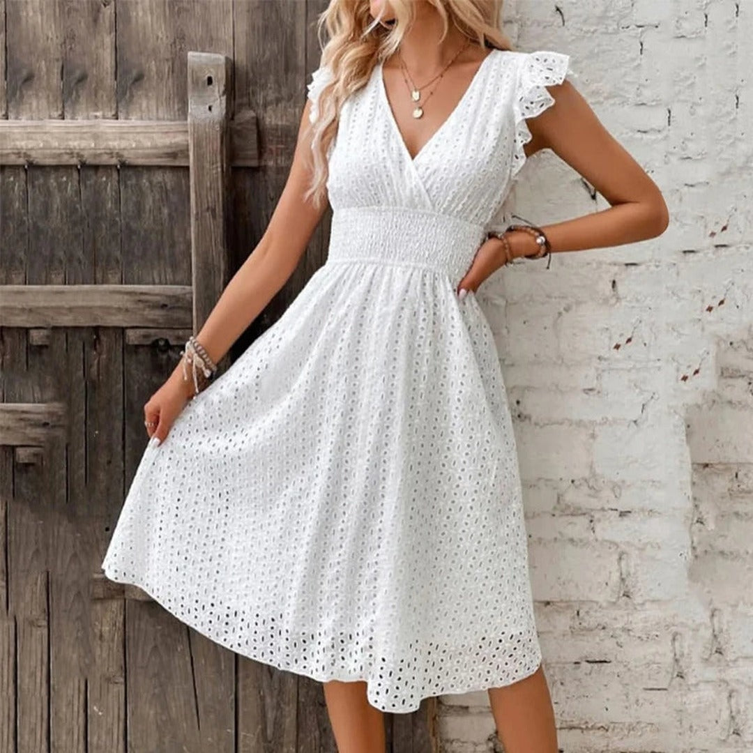 Women's Summer Midi Dress with V-Neck and Ruffle Sleeve