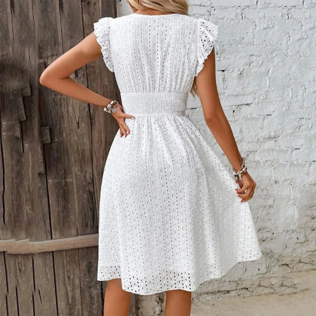 Women's Summer Midi Dress with V-Neck and Ruffle Sleeve