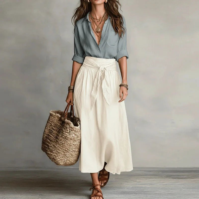 Women's Summer Midi Skirt with High Waist and Tie Belt
