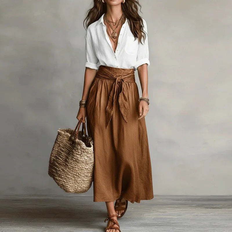 Women's Summer Midi Skirt with High Waist and Tie Belt