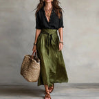 Women's Summer Midi Skirt with High Waist and Tie Belt