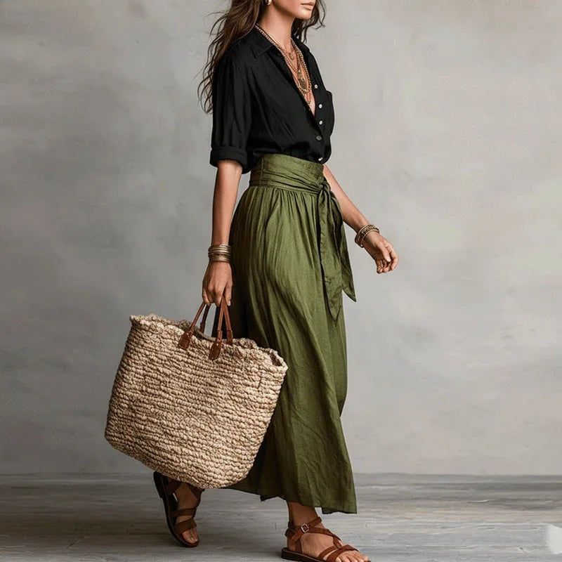 Women's Summer Midi Skirt with High Waist and Tie Belt