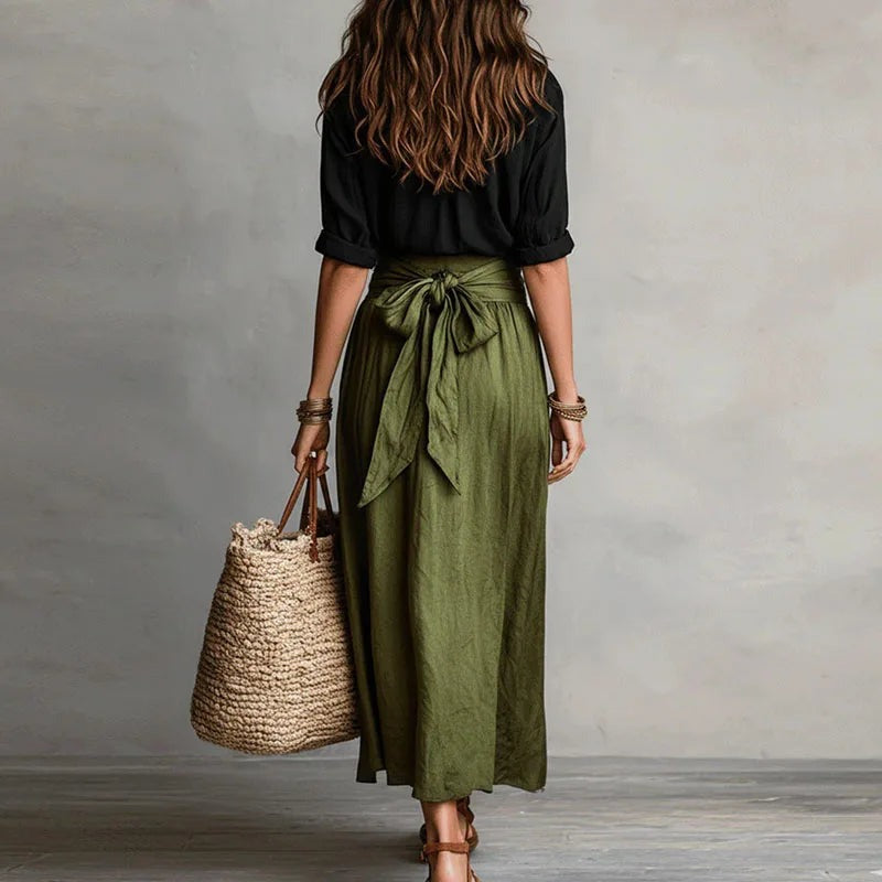 Women's Summer Midi Skirt with High Waist and Tie Belt
