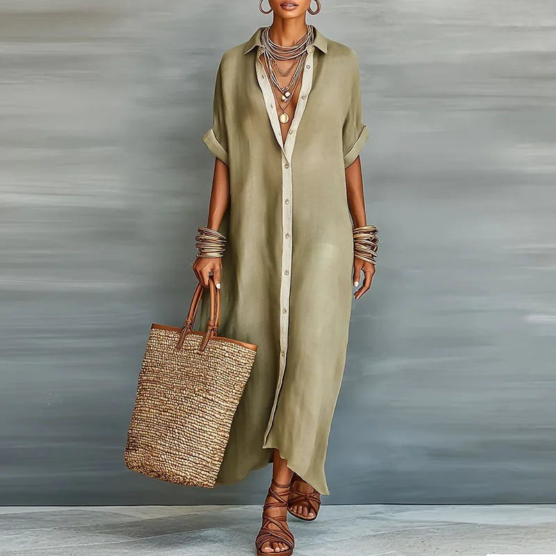 Women's Summer Shirt Maxi Dress with Contrast Trim