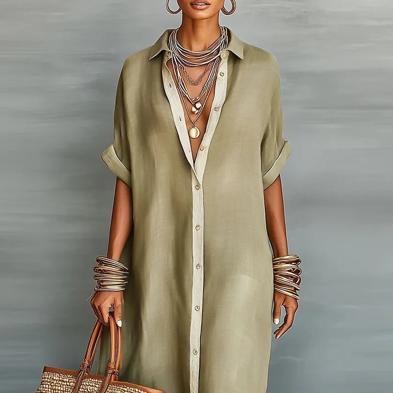 Women's Summer Shirt Maxi Dress with Contrast Trim