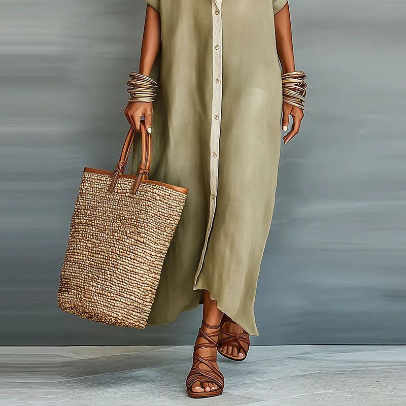 Women's Summer Shirt Maxi Dress with Contrast Trim