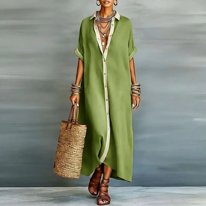 Women's Summer Shirt Maxi Dress with Contrast Trim