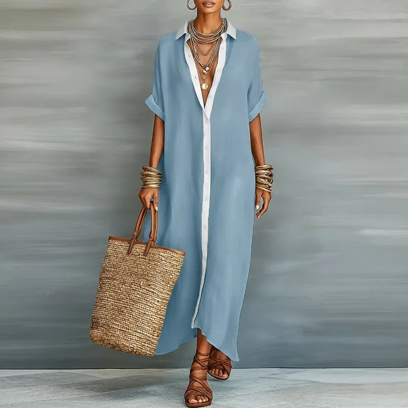 Women's Summer Shirt Maxi Dress with Contrast Trim