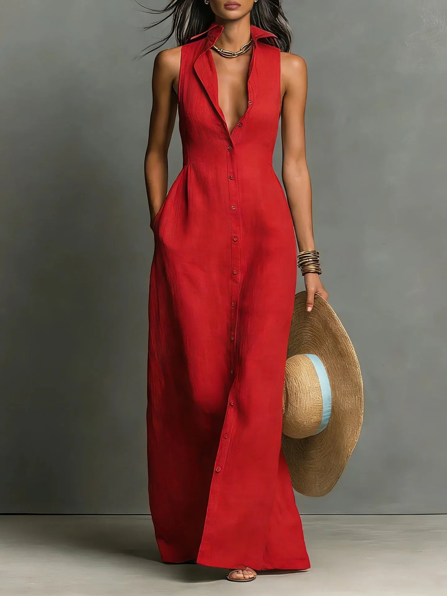 Women's Summer Shirt Maxi Dress with Pockets