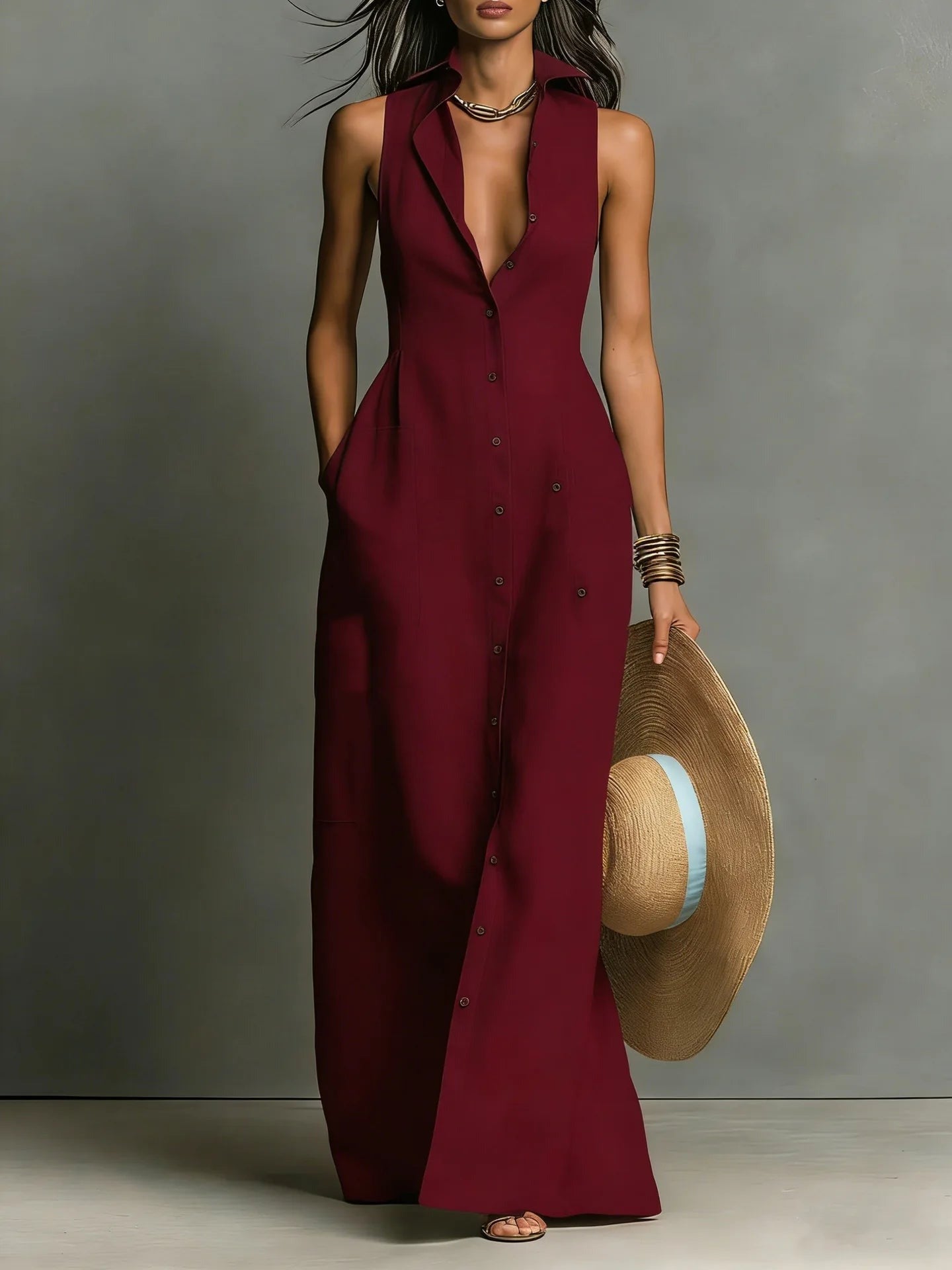 Women's Summer Shirt Maxi Dress with Pockets