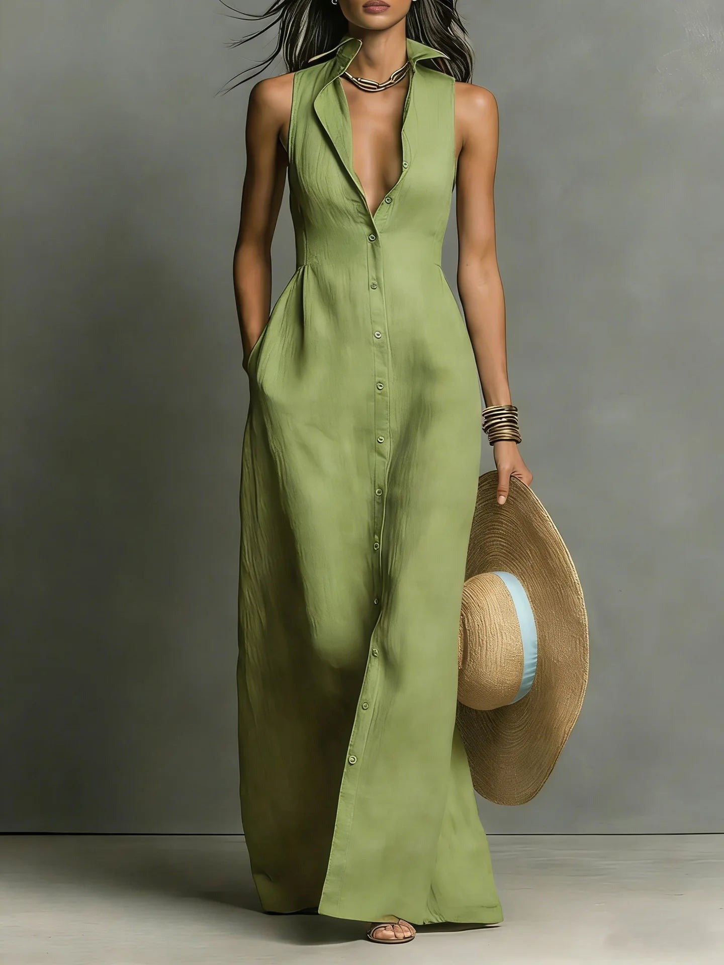 Women's Summer Shirt Maxi Dress with Pockets