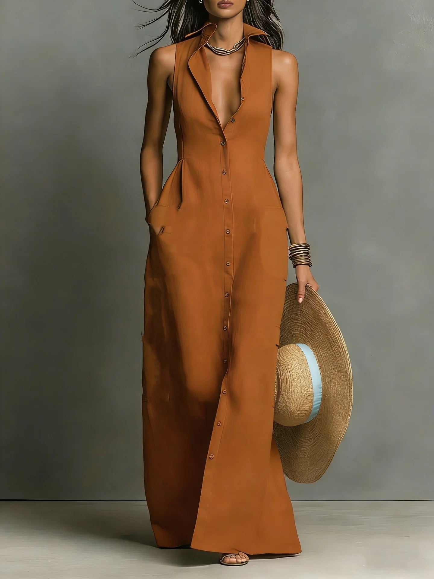 Women's Summer Shirt Maxi Dress with Pockets