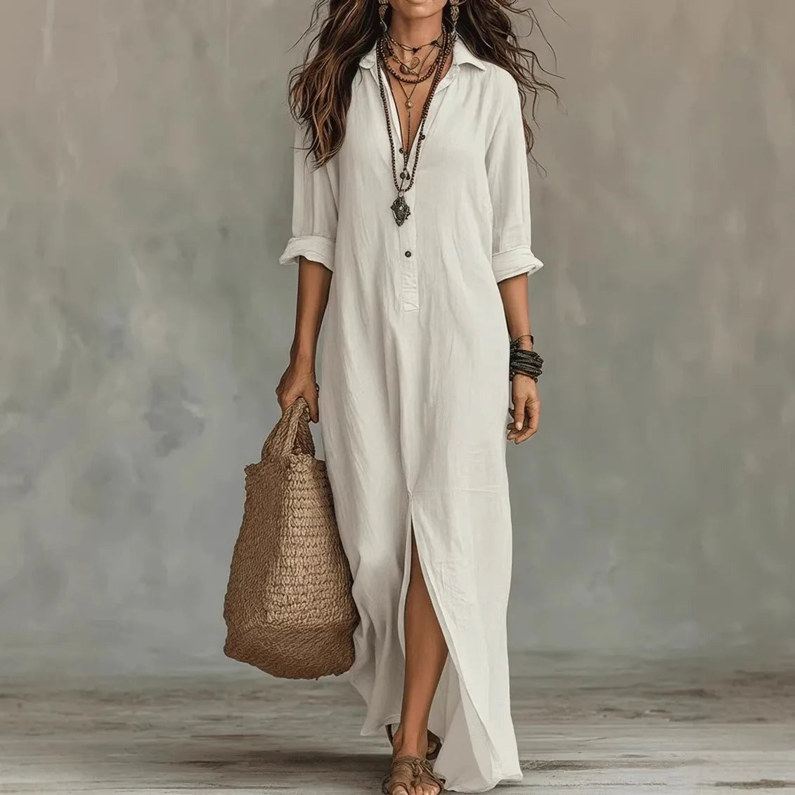 Women's Summer Shirt Maxi Dress with V-Neck