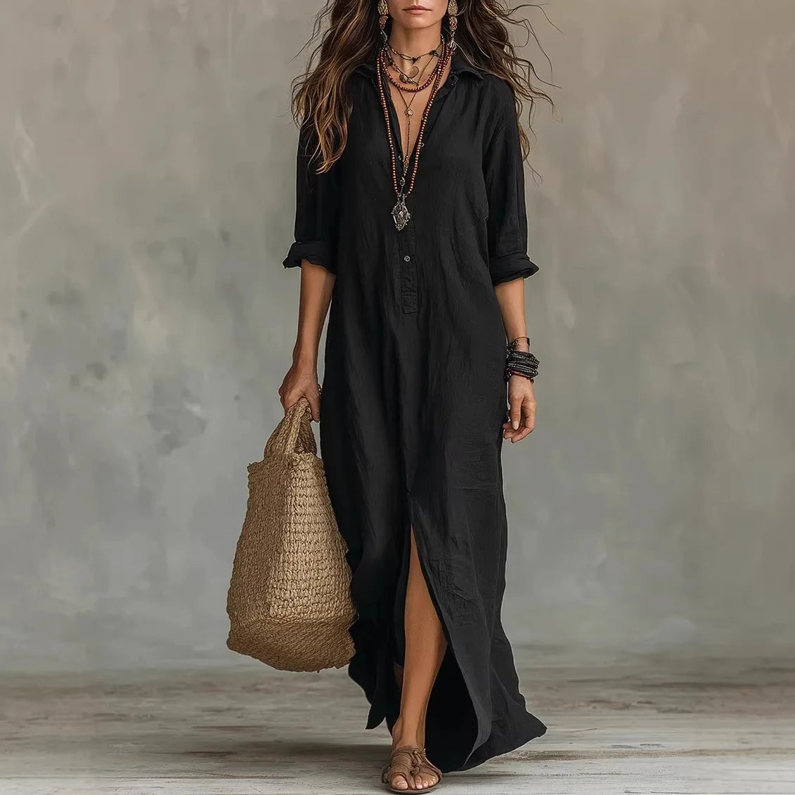 Women's Summer Shirt Maxi Dress with V-Neck
