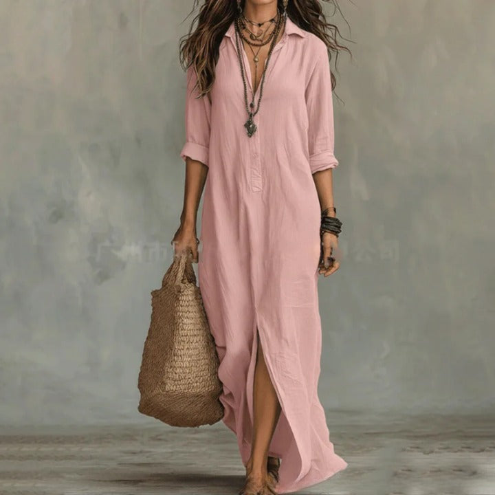 Women's Summer Shirt Maxi Dress with V-Neck