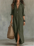 Women's Summer Shirt Maxi Dress with V-Neck