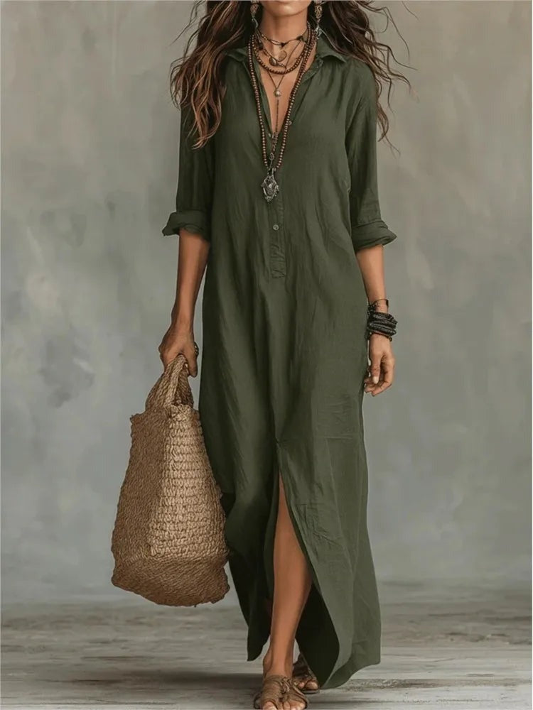 Women's Summer Shirt Maxi Dress with V-Neck