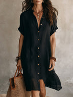 Women's Summer Shirt Midi Dress with V-Neckline
