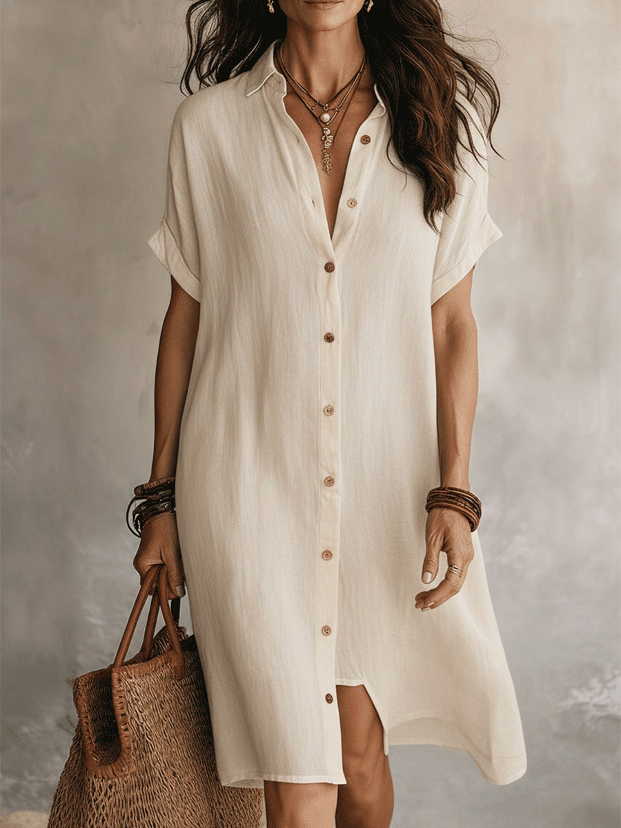 Women's Summer Shirt Midi Dress with V-Neckline