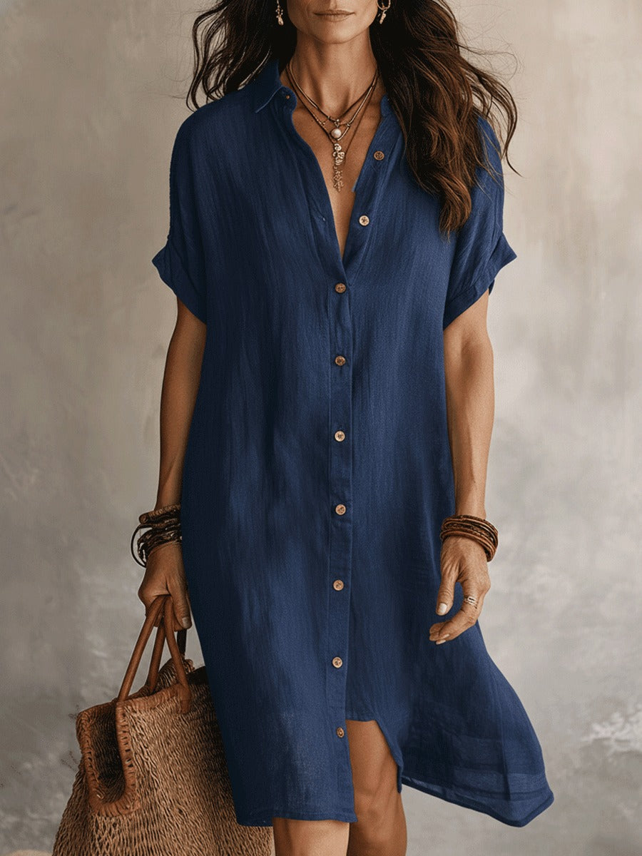 Women's Summer Shirt Midi Dress with V-Neckline