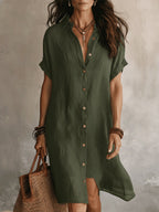 Women's Summer Shirt Midi Dress with V-Neckline