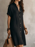 Women's Summer Shirt Midi Dress with V-Neckline