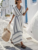 Women's Summer Striped Maxi Dress with V-Neck