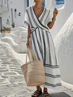 Women's Summer Striped Maxi Dress with V-Neck