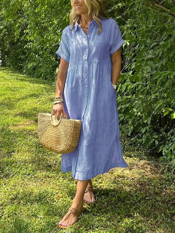 Women's Summer Striped Midi Dress with Pockets