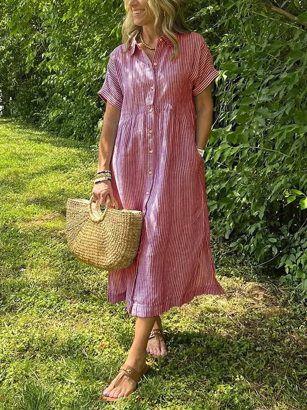 Women's Summer Striped Midi Dress with Pockets