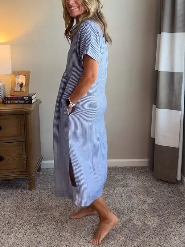 Women's Summer Striped Midi Dress with Pockets