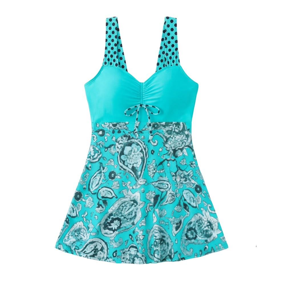 Women's Summer Swimdress with Paisley Print Skirt and Sweetheart Neckline