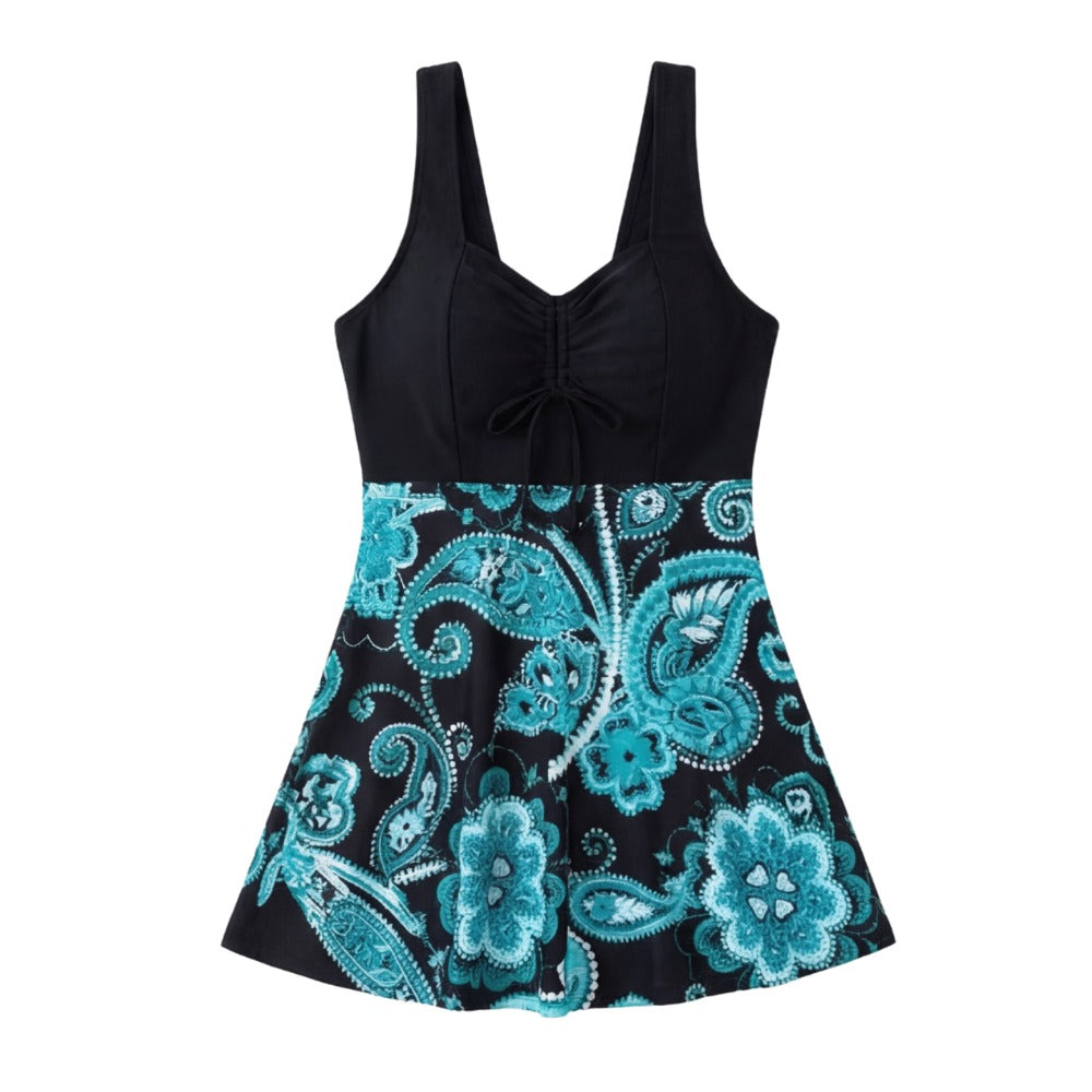 Women's Summer Swimdress with Paisley Print Skirt and Sweetheart Neckline