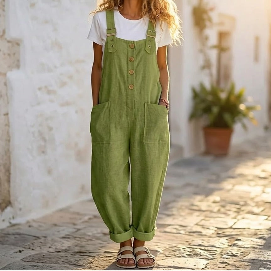 Women's Summer Wide Leg Jumpsuit with Pockets and Button Front