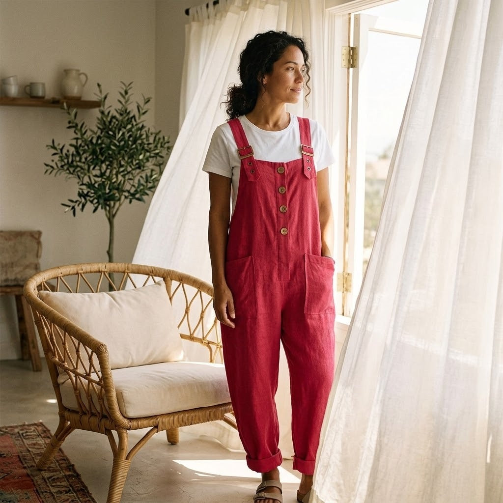 Women's Summer Wide Leg Jumpsuit with Pockets and Button Front