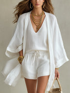 Women's Three Piece Summer Short Set with V-Neck Top and Kimono