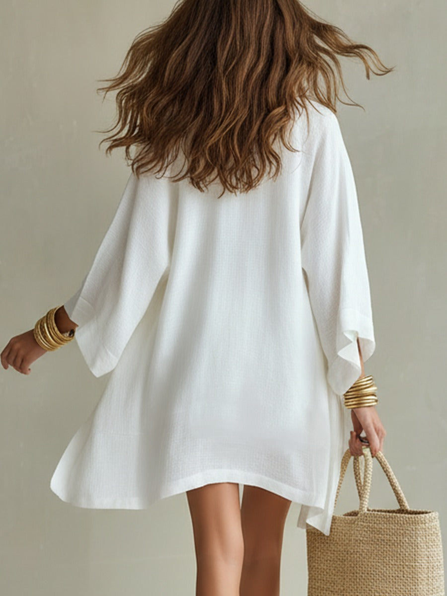 Women's Three Piece Summer Short Set with V-Neck Top and Kimono