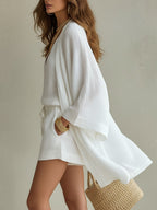 Women's Three Piece Summer Short Set with V-Neck Top and Kimono