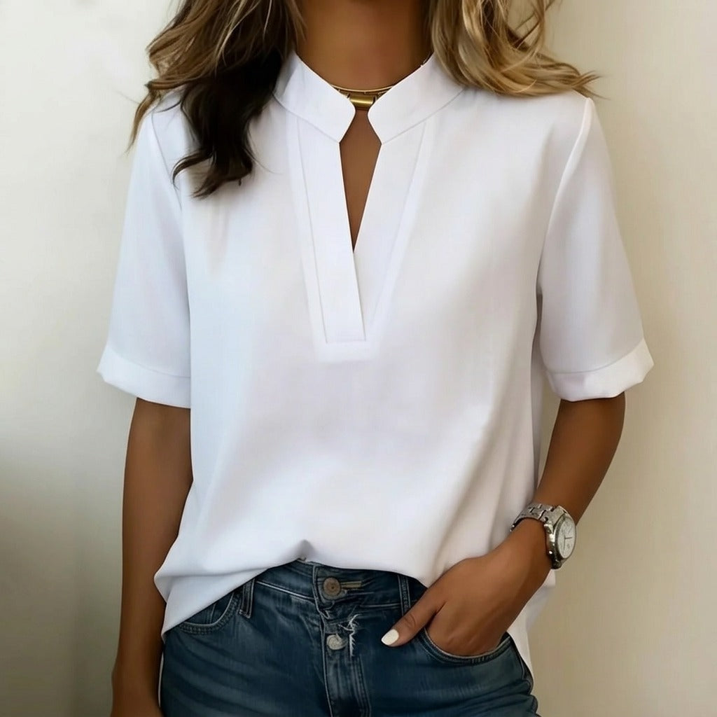 Women's Tunic Blouse with Short Sleeves and V-Neck