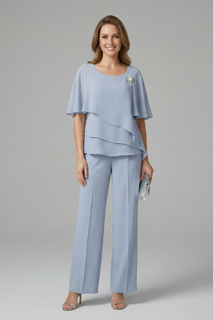 Women's Two Piece Elegant Set with Layered Blouse and Wide Leg Pants