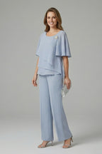 Women's Two Piece Elegant Set with Layered Blouse and Wide Leg Pants